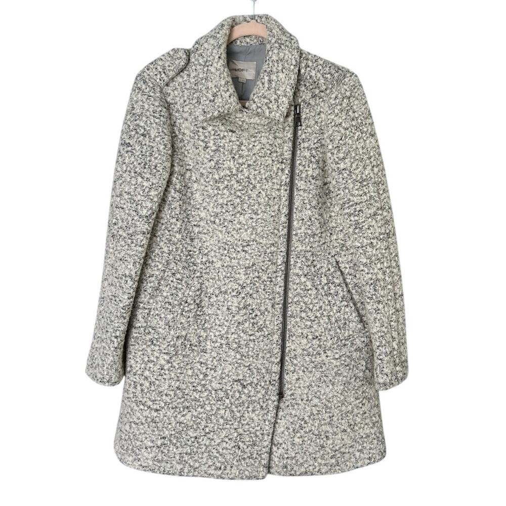 LOFT Textured Wool-Blend Coat Women's XS Gray Marled Knit Asymmetrical Zip